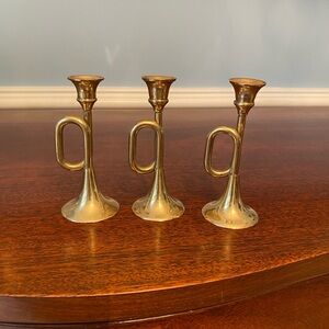 Vintage unique brass horn candlesticks